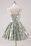 Light Green A Line Short Corset Brocade Homecoming Dress with Lace Up Back