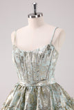 Light Green A Line Short Corset Brocade Homecoming Dress with Lace Up Back
