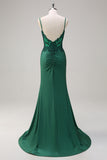 Dark Green Mermaid Spaghetti Straps Corset Backless Prom Dress With Beading