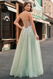 Sage A-Line Spaghetti Straps Tulle Lace Up Back Long Prom Dress with Appliques