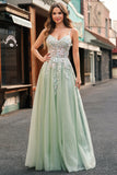 Sage A-Line Spaghetti Straps Tulle Lace Up Back Long Prom Dress with Appliques