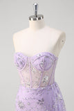 Glitter Light Purple Mermaid Sweetheart Sequin Corset Long Prom Dress With Slit