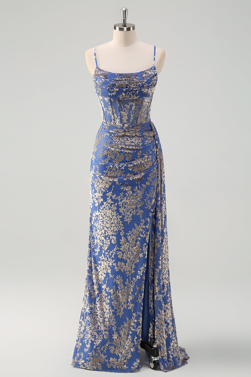 WEDTREND Women Blue Bridesmaid Dress with Watteau Train Mermaid Corset Burnout Velvet Prom Dress with Slit WEDTREND Women Blue Bridesmaid Dress with Watteau Train Mermaid Corset Burnout Velvet Prom Dress with Slit