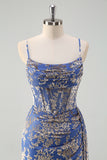 Blue Mermaid Corset Burnout Velvet Bridesmaid Dress with Watteau Train