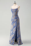 Blue Mermaid Corset Burnout Velvet Bridesmaid Dress with Watteau Train