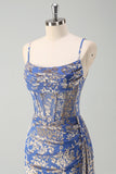 Blue Mermaid Corset Burnout Velvet Bridesmaid Dress with Watteau Train