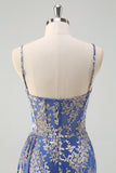 Blue Mermaid Corset Burnout Velvet Bridesmaid Dress with Watteau Train