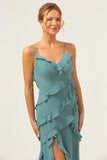 Eucalyptus Sheath Spaghetti Straps Ruffle Floor Length Bridesmaid Dress