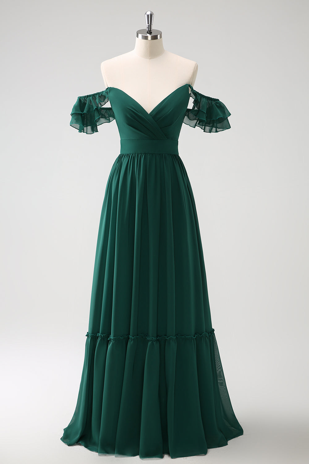 Wedtrend Women Dark Green Bridesmaid Dress A Line Off The Shoulder Chiffon Ruched Floor Length Wedding Party Guest Dress, Dark Green / US12