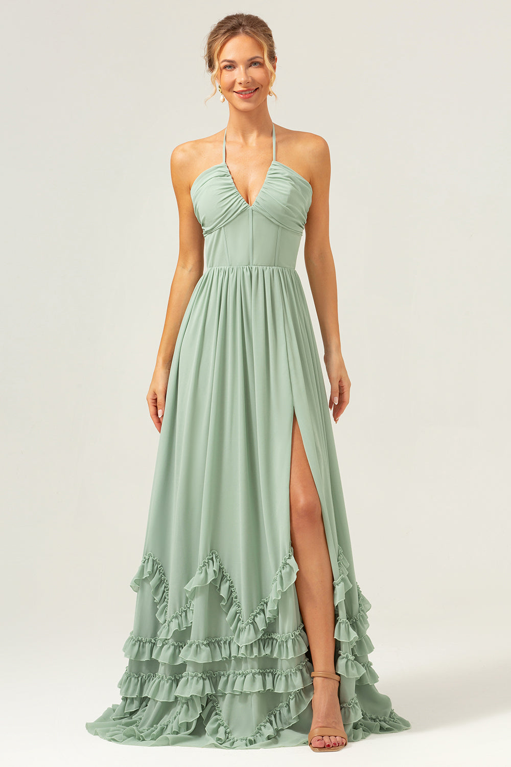 dusty sage bridesmaid dresses Wedtrend Women Dusty Sage Bridesmaid Dress with Slit Corset Long A Line Halter Ruched Chiffon Ruffle Wedding Guest Dress, Dusty Sage / US2
