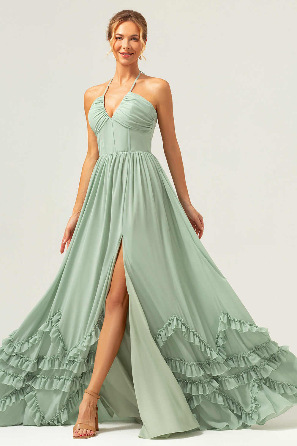 Wedtrend Women Dusty Sage Bridesmaid Dress with Slit Corset Long A Line Halter Ruched Chiffon Ruffle Wedding Guest Dress WEDTREND Wedtrend Women Dusty Sage Bridesmaid Dress with Slit Corset Long A Line Halter Ruched Chiffon Ruffle Wedding Guest Dress WEDTREND