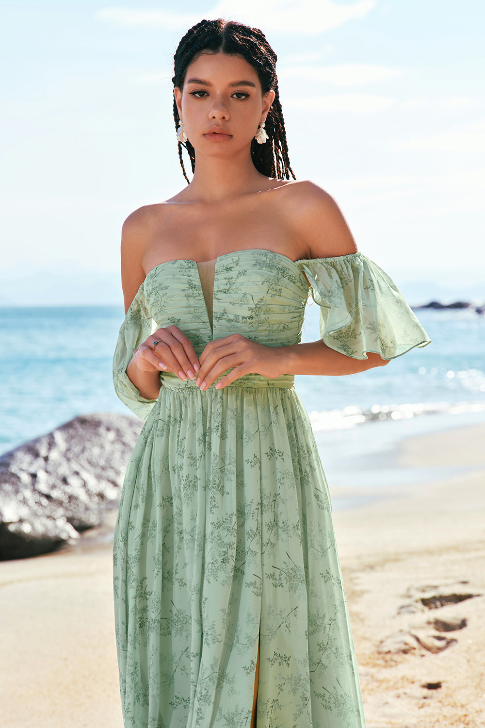Wedtrend Women Dusty Sage Floral Bridesmaid Dress with Slit A-Line Off The Shoulder Pleated Long Wedding Party Dress WEDTREND Wedtrend Women Dusty Sage Floral Bridesmaid Dress with Slit A-Line Off The Shoulder Pleated Long Wedding Party Dress WEDTREND