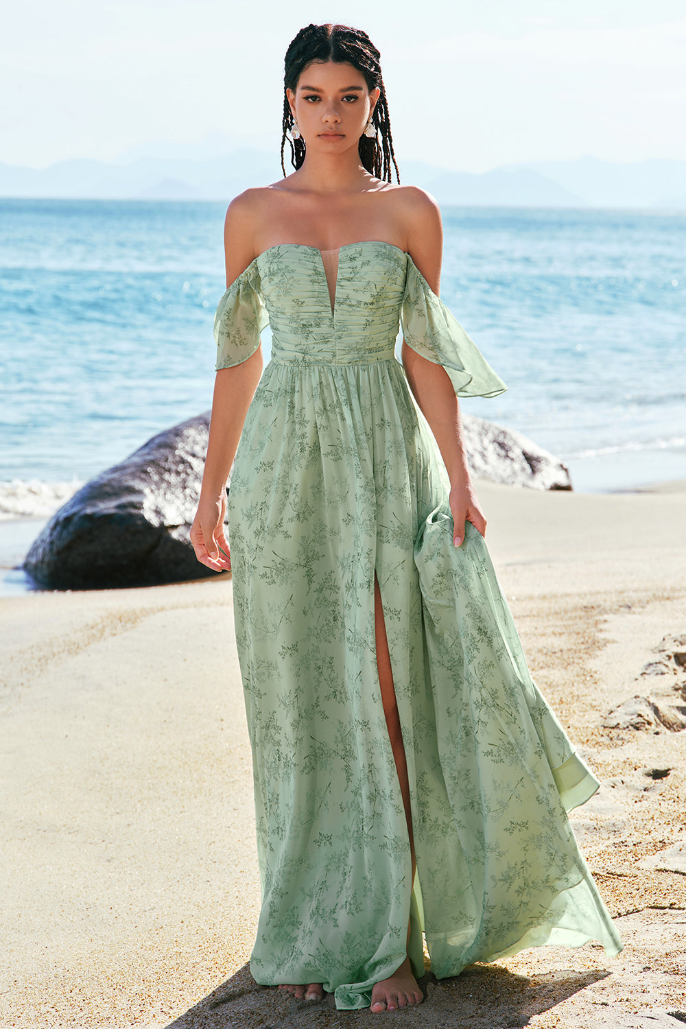 Wedtrend Women Dusty Sage Floral Bridesmaid Dress with Slit A-Line Off The Shoulder Pleated Long Wedding Party Dress, Dusty Sage / US20W Wedtrend Women Dusty Sage Floral Bridesmaid Dress with Slit A-Line Off The Shoulder Pleated Long Wedding Party Dress, Dusty Sage / US20W
