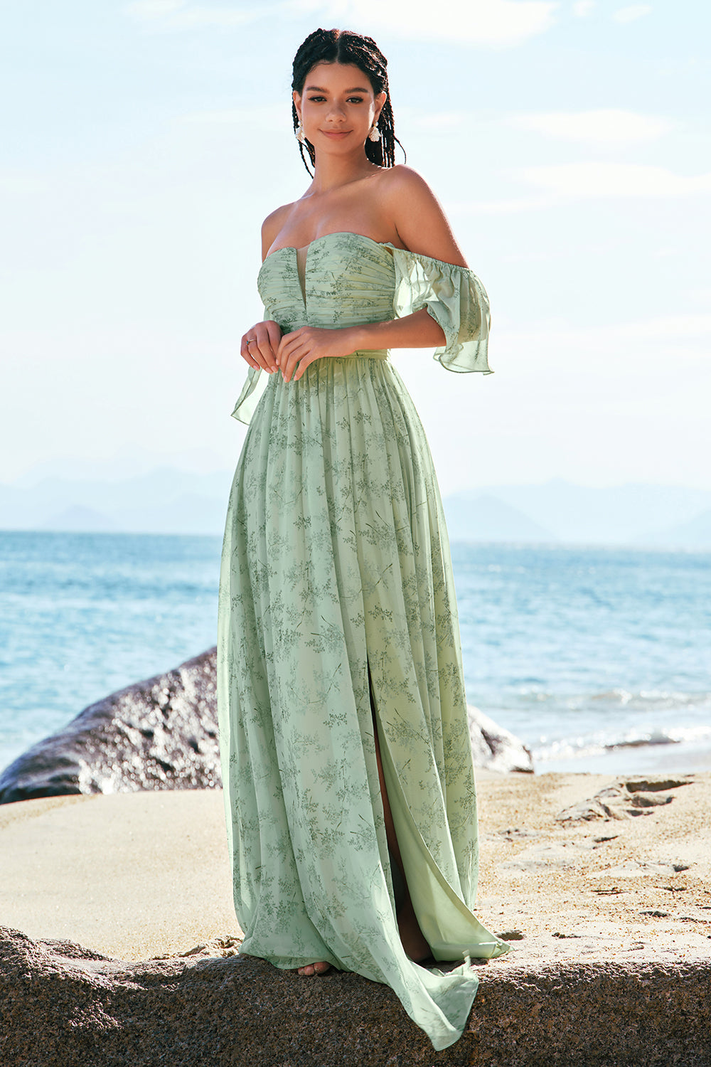 sage floral bridesmaid dresses Wedtrend Women Dusty Sage Floral Bridesmaid Dress with Slit A-Line Off The Shoulder Pleated Long Wedding Party Dress – WEDTREND