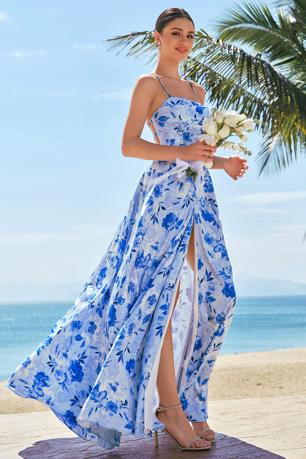Wedtrend Women Blue Floral Bridesmaid Dress with Slit A-Line Spaghetti Straps Lace Up Back Long Wedding Party Dress WEDTREND Wedtrend Women Blue Floral Bridesmaid Dress with Slit A-Line Spaghetti Straps Lace Up Back Long Wedding Party Dress WEDTREND