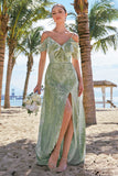 Dusty Sage Burnout Velvet A-Line Jacquard Cold Shoulder Long Bridesmaid Dress with Slit