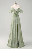 Dusty Sage A Line Cold Shoulder Burnout Velvet Jacquard Long Bridesmaid Dress with Slit