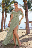 Dusty Sage Burnout Velvet A-Line Jacquard Cold Shoulder Long Bridesmaid Dress with Slit