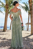 Dusty Sage Burnout Velvet A-Line Jacquard Cold Shoulder Long Bridesmaid Dress with Slit