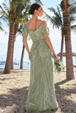 Dusty Sage Burnout Velvet A-Line Jacquard Cold Shoulder Long Bridesmaid Dress with Slit