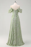 Dusty Sage A Line Cold Shoulder Burnout Velvet Jacquard Long Bridesmaid Dress with Slit