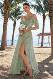 Dusty Sage Burnout Velvet A-Line Jacquard Cold Shoulder Long Bridesmaid Dress with Slit