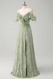 Dusty Sage A Line Cold Shoulder Burnout Velvet Jacquard Long Bridesmaid Dress with Slit