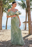 Dusty Sage A Line Cold Shoulder Burnout Velvet Jacquard Long Bridesmaid Dress with Slit