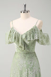 Dusty Sage A Line Cold Shoulder Burnout Velvet Jacquard Long Bridesmaid Dress with Slit