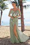 Dusty Sage Burnout Velvet A-Line Jacquard Cold Shoulder Long Bridesmaid Dress with Slit