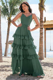 Eucalyptus A-Line Spaghetti Straps Tiered Chiffon Long Bridesmaid Dress