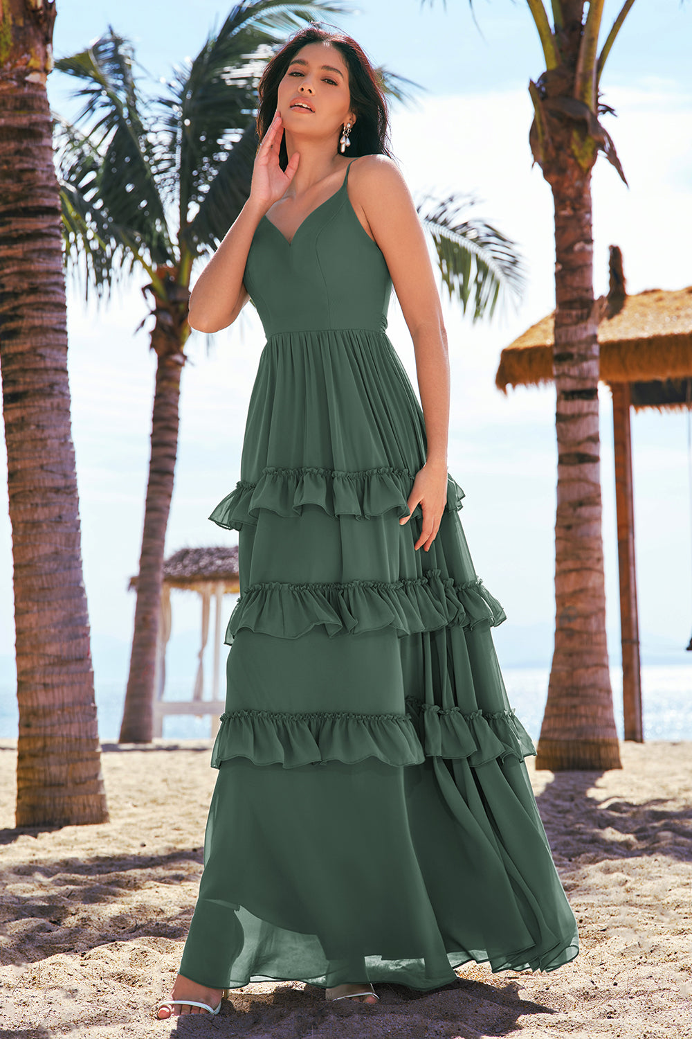 Wedtrend Women Eucalyptus Long Bridesmaid Dress A-Line Spaghetti Straps Tiered Chiffon Green Wedding Party Dress, Eucalyptus / US16
