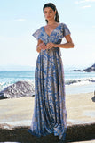 Grey Blue A-Line V Neck Burnout Velvet Floor Length Bridesmaid Dress with Cape Sleeves