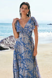 Grey Blue A-Line V Neck Burnout Velvet Floor Length Bridesmaid Dress with Cape Sleeves