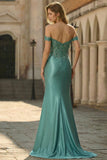 Grey Green Mermaid Off the Shoulder Appliqued Long Prom Dress with Slit