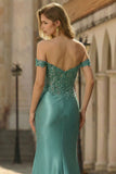 Grey Green Mermaid Off the Shoulder Appliqued Long Prom Dress with Slit