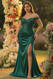 Dark Green Mermaid Off the Shoulder Appliqued Plus Size Long Prom Dress with Slit