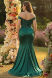Dark Green Mermaid Off the Shoulder Appliqued Plus Size Long Prom Dress with Slit