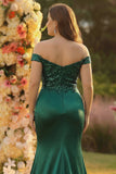 Dark Green Mermaid Off the Shoulder Appliqued Plus Size Long Prom Dress with Slit