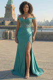 Dark Green Mermaid Off the Shoulder Appliqued Plus Size Long Prom Dress with Slit