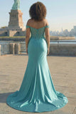 Dark Green Mermaid Off the Shoulder Appliqued Plus Size Long Prom Dress with Slit