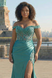 Dark Green Mermaid Off the Shoulder Appliqued Plus Size Long Prom Dress with Slit
