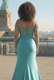Dark Green Mermaid Off the Shoulder Appliqued Plus Size Long Prom Dress with Slit