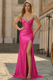 Mermaid Spaghetti Straps Pleated Corset Fuchsia Prom Dress with Slit