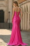 Mermaid Spaghetti Straps Pleated Corset Fuchsia Prom Dress with Slit