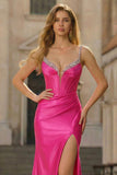 Mermaid Spaghetti Straps Pleated Corset Fuchsia Prom Dress with Slit