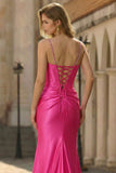 Mermaid Spaghetti Straps Pleated Corset Fuchsia Prom Dress with Slit