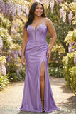 Purple Mermaid Spaghetti Straps Pleated Corset Plus Size Prom Dress with Slit
