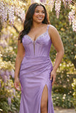 Purple Mermaid Spaghetti Straps Pleated Corset Plus Size Prom Dress with Slit