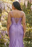 Purple Mermaid Spaghetti Straps Pleated Corset Plus Size Prom Dress with Slit